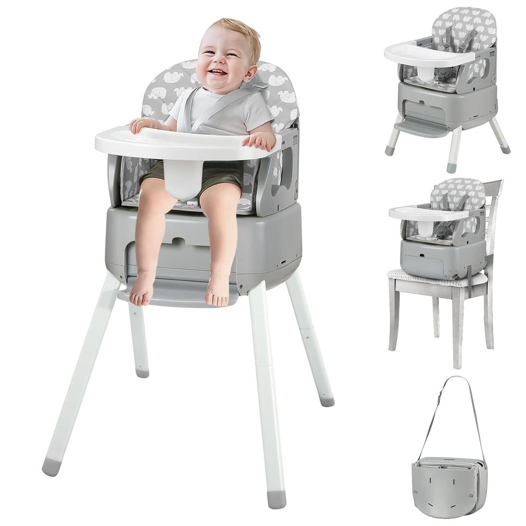 4 in 1 Portable Baby High Chair,Convertible Highchair for Babies & Toddlers-Foldable Infant Booster Seat,Carry Small Box,Dining Chair,Toddler High Chair with 5-Point Harness,Removable Tray-Grey (Grey)