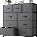 DUMOS Dresser for Bedroom, Dressers & Chests of Drawers Dresser Organizer, Wood Top Table Furniture with 9 Fabric Storage Tower Unit, Chest of Drawers for Closet, Living Room, Hallway, Porch (Grey)