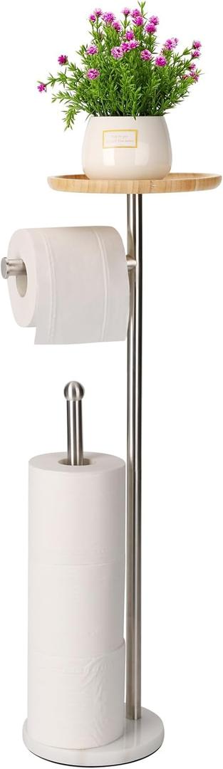 Toilet Paper Holder Stand with 7.9" Big Bamboo Tray, 2.2Lbs Heavier Marble Base, Floor Standing Paper Holder Stand with Phone Shelf, Reserve for 4 Rolls (Brushed Nickel)