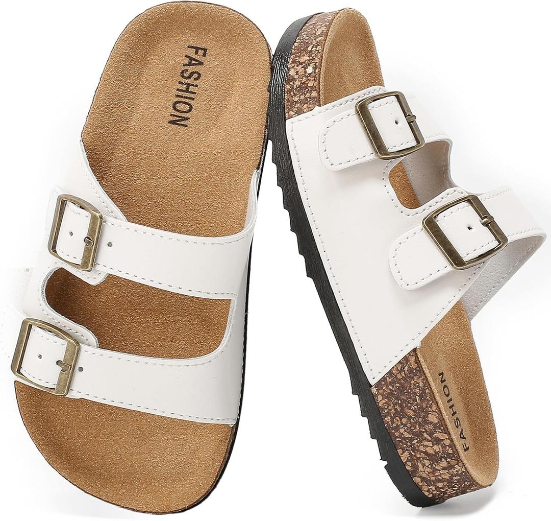 Kids Sandals Cork Footbed Non-slip Slides for Boys Girls Lightweight Summer Slippers with Adjustable Straps Double Buckle Soft Sole Sandals for Indoor Outdoor (White, 6 Big Kid)