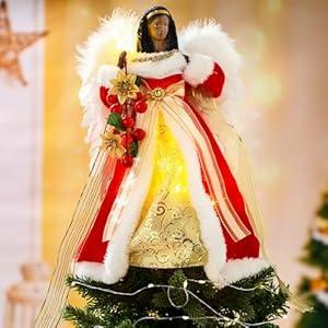 Retrowavy 12.2'' Black Angel Christmas Tree Topper with Lights Standing African American Christmas Decorations Black Angel Figurines Treetop for Xmas Home Decor Winter Holiday(Blue, Bright Style)