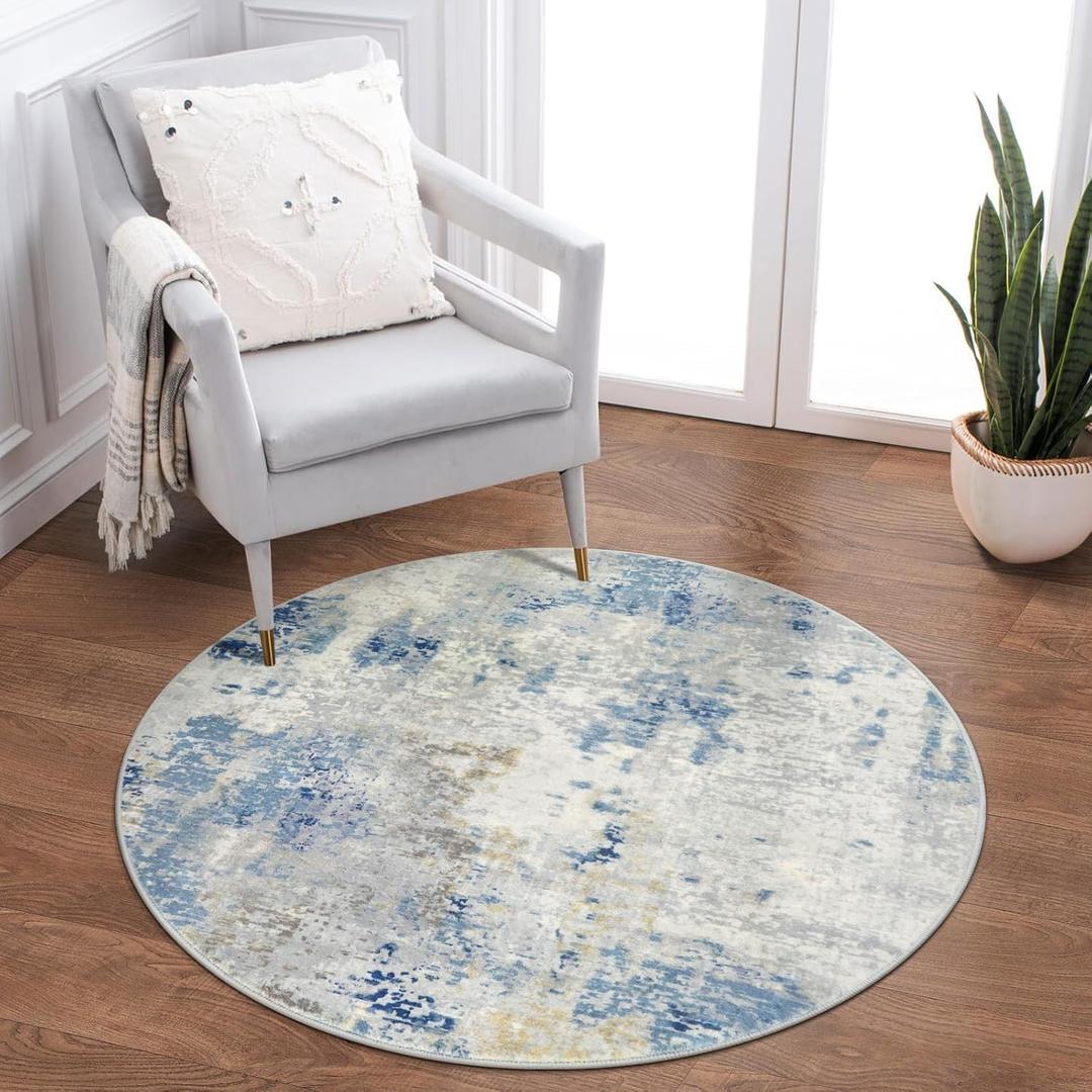 Lahome Modern Abstract Round Rug 3Ft, Blue Washable 3x3 Circle Rugs for Kitchen Entryway Soft Small Bedroom Mat Non Slip, Contemporary Indoor Floor Throw Carpet for Nursery Home Office