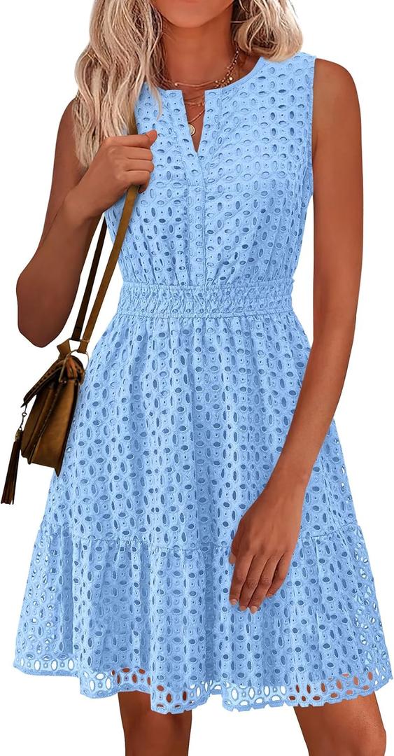PRETTYGARDEN Women's Summer Dresses 2026 Sleeveless V Neck Eyelet Hollow Out Swing A Line Beach Vacation Sun Dress (Blue, M)
