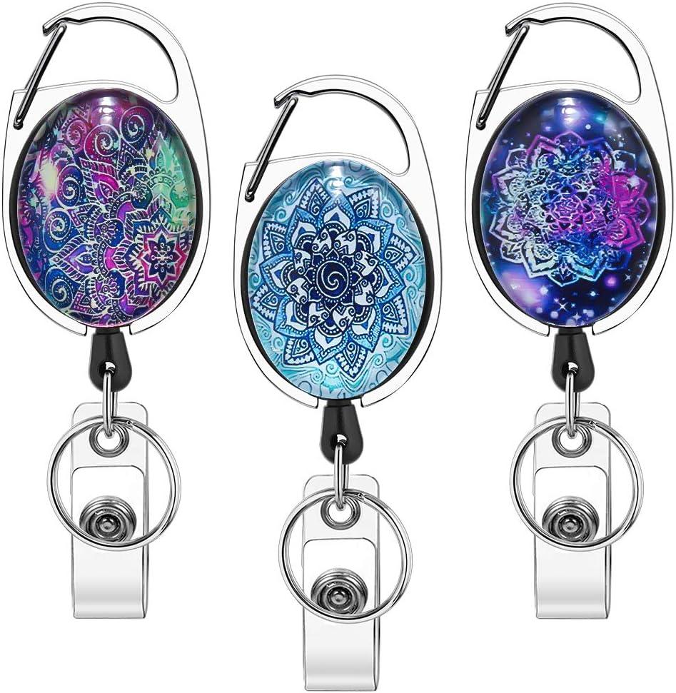 Xoqo Heavy Duty Retractable with Carabiner Badge Reel, Crystal Glass Badge Holder with Belt Clip and Key Ring, Badge Holders for Office Worker Doctor Nurse 3 Pack (Mandala)