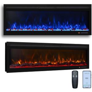 Heater, Wi-Fi Enabled Wall Mounted and Recessed Electric Fireplace, Remote & Touch Screen, Log Set & Crystal, 13 Adjustable Flame Color, Thermostat, 1-9H Timer, 750w/1500w (72'' App)
