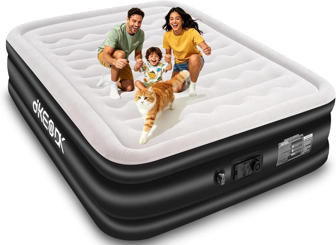 dkesdk Air Mattress Queen with Built in Pump,Comfortable Waterproof Flocked Surface Inflatable Mattress for Temporary Family Stays and Travel,16-Inch Blow Up Mattress Inflates in 3 Minutes, Black