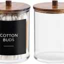 2 Pack Qtip Holder Dispenser with Wood Lids - 10 oz Clear Plastic Apothecary Jar Containers for Vanity Makeup Organizer Storage - Bathroom Accessories Set for Cotton Swab,Pads, Ball, Floss