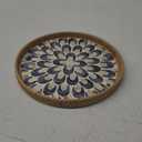 Round Rattan Tray with Mother of Pearl Inlay, Decorative Wicker Serving Tray with Wooden Base, Woven Basket Trays for Bread Fruits Coffee, Plume (Plume - 11.8 Inch)