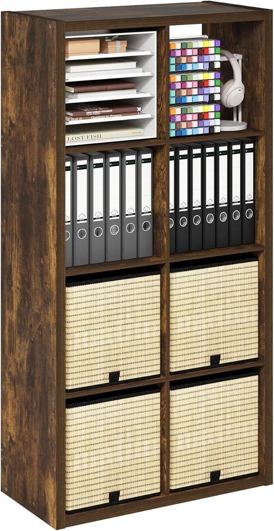 Furinno Cubicle Book Shelf, 8-Cube Thick Frame Bookshelf, Horizontally & Vertically Reversible Bookcase with Open Back, 14.6" x 30" x 57.9", for Living Room, Bedroom, Home Office, Amber Pine
