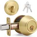 Brushed Gold Round Design Single Cylinder Deadbolt with Keys, Exterior Keyed Dead Bolt Lock for Front Entrance Door Security, Satin Brass