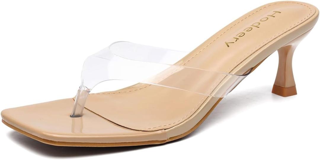 Womens Clear Strap Kitten Heels 2.5 Inch Square Open Toe Flip Flop Sandals Comfortable Low Heels for Wide Feet Dressy Mules for Party Wedding Work