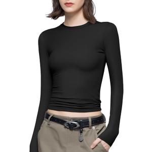 PUMIEY Women's Long Sleeve T Shirts Crew Neck Slim Fit Tops Sexy Basic Tee Smoke Cloud Pro Collection (X-Small, Jet Black)