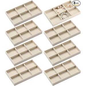 Highergo 8 Pcs Velvet Jewelry Trays Stackable Drawers Organizer Ring Earring Bracelet Necklace Storage Trays, 8.3x4.7x1''(6 Grids)