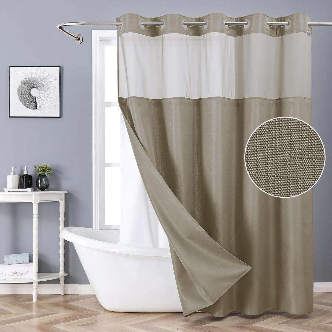 eachope Long No Hook Shower Curtain with Snap-in Fabric Liner Set,Slub Textured Fabric Shower Curtains for Bathroom,Hotel Style Modern Shower Curtain,Water Repellent & Washable,71x80(78),Tan/Khaki