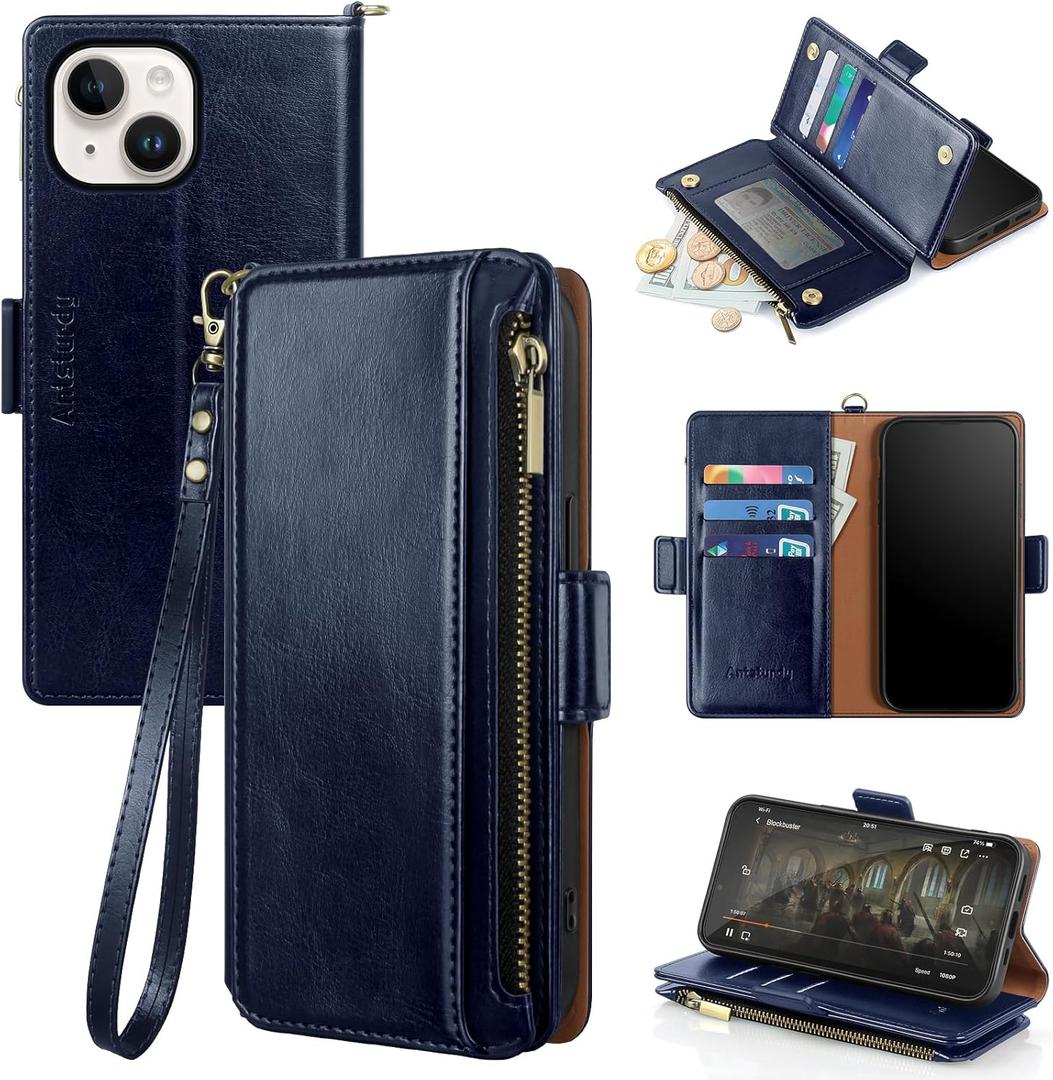 Antsturdy Compatible with iPhone 15 Wallet Case Card HolderRFID Blocking PU Leather Phone Case Women Men flip Protective Cover Wrist Strap Zipper Credit Card Slots,for Apple 15 6.1",Dark Blue