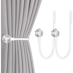 2 x Heavy Duty U Shaped Metal Curtain Holdbacks Curtain Tiebacks with Clear Crystal Ball Pull Backs Curtain Holders for Drapes (White)