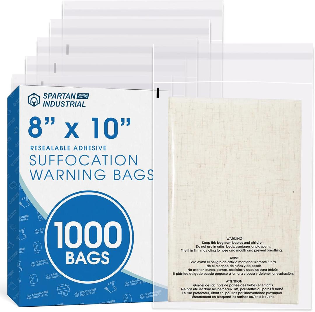 Spartan Industrial - 8 X 10 (1000 Count) Self Seal Clear Poly Bags with Suffocation Warning for Packaging, T Shirts - Resealable Glue