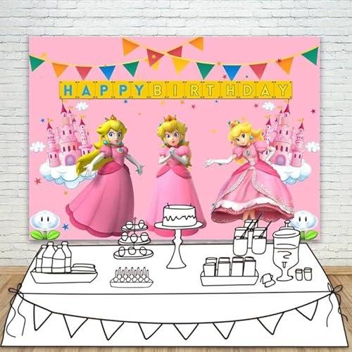 Princess Peach Birthday Party Banner 7x5 Vinyl Princess Peach Birthday Decorations Supplies Photography Backdrop Cake Table Decor Poster Photo Stuido Background Mario Princess Decor