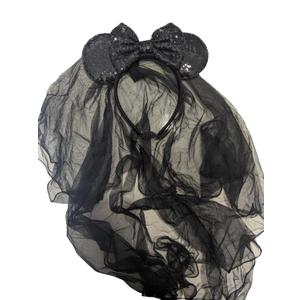 CLGIFT Bride Minnie Ears Headband with White Veil, Honeymoon Ears for Wedding and Bachelorette Party (Black & Black)