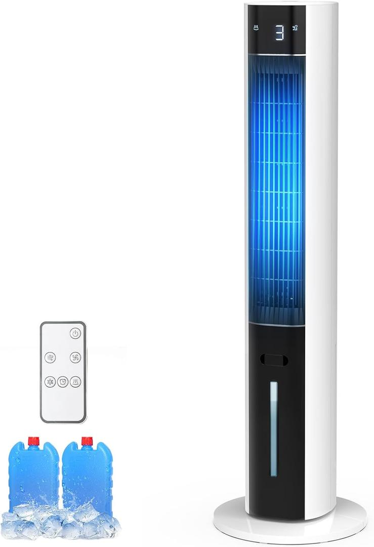 3-in-1 Evaporative Air Cooler, 12H Timer Cooling Fans that Blow Cold Air With 3L Water Tank, 50° Oscillating Tower Fan for Bedroom, Office with 3 Speeds, 2 Ice Pack, Remote Control
