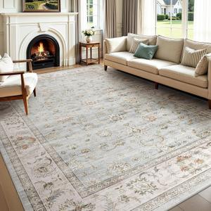 WITSHOCK 8x10 Area Rugs for Living Room: Machine Washable Non Slip Vintage Carpet - Low Pile Lightweight Print Rug for Bedroom Dining Room Kitchen Table - Stain Resistant for Household (Light Blue)