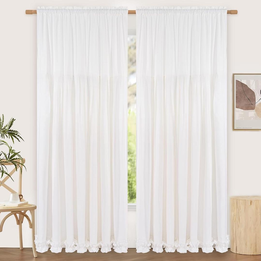 Likiyol Linen Curtains for Living Room 84 Inch Length Farmhouse Window Curtains for Bedroom with Ruffle Light Filtering Curtain Rustic Country Drapes Rod Pocket Window Treatments, White, 2 Panels
