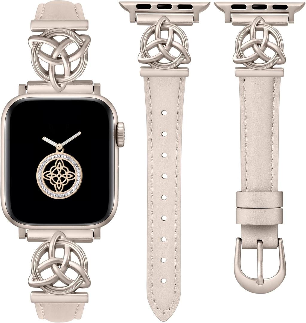Minyee Compatible with Apple Watch Bands Leather 38/40/41/42/44/45/46/49mm Women, Slim Dressy Leather Strap with Celtic Knot Triquetra Metal Buckle for iWatch Series 11 10 9 8 7 6 5 4 SE/Ultra 3 2 1 (Starlight/Starlight)
