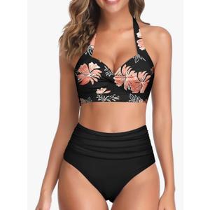 Tempt Me Women Two Piece Swimsuit High Waisted Bikini Halter Vintage Retro Bathing Suit Push up Swimwear (M, Black)