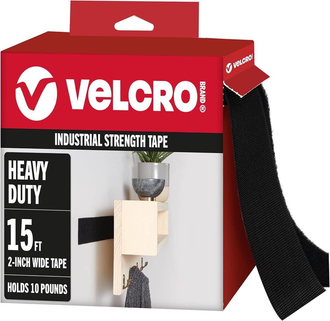 VELCRO Brand Heavy Duty Tape with Adhesive | 15 Ft x 2 In | Holds 10 lbs, Black | Industrial Strength Roll, Cut Strips to Length | Strong Hold for Indoor or Outdoor Use, 15ft x 2in