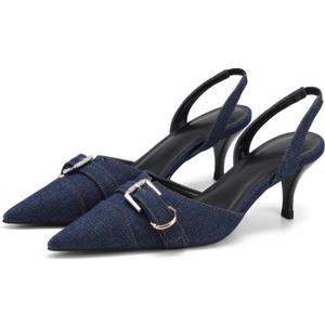 Women's Kitten Heel Pointed Closed Toe Slingback Pumps Comfort Low Heel Slip On Metal Buckle Pumps Fashion Wedding Prom Dressy Sandal Pumps for Women Dark Blue Denim Size 9