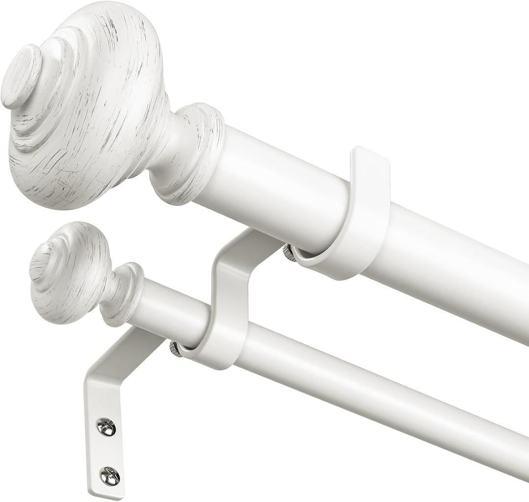 White Double Curtain Rod 36 to 184 Inch, Decorative Adjustable 1 Inch Heavy Duty Extra Long Dual Curtain Rods for Windows, Boho Rustic Vintage Double Drapery Pole with White Finial