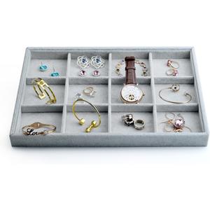 Oirlv Velvet Stackable Jewelry Display Trays 12 Grids Rings Earrings Bracelet Organizer Storage Tray(13.8"x1.29"x9.4")
