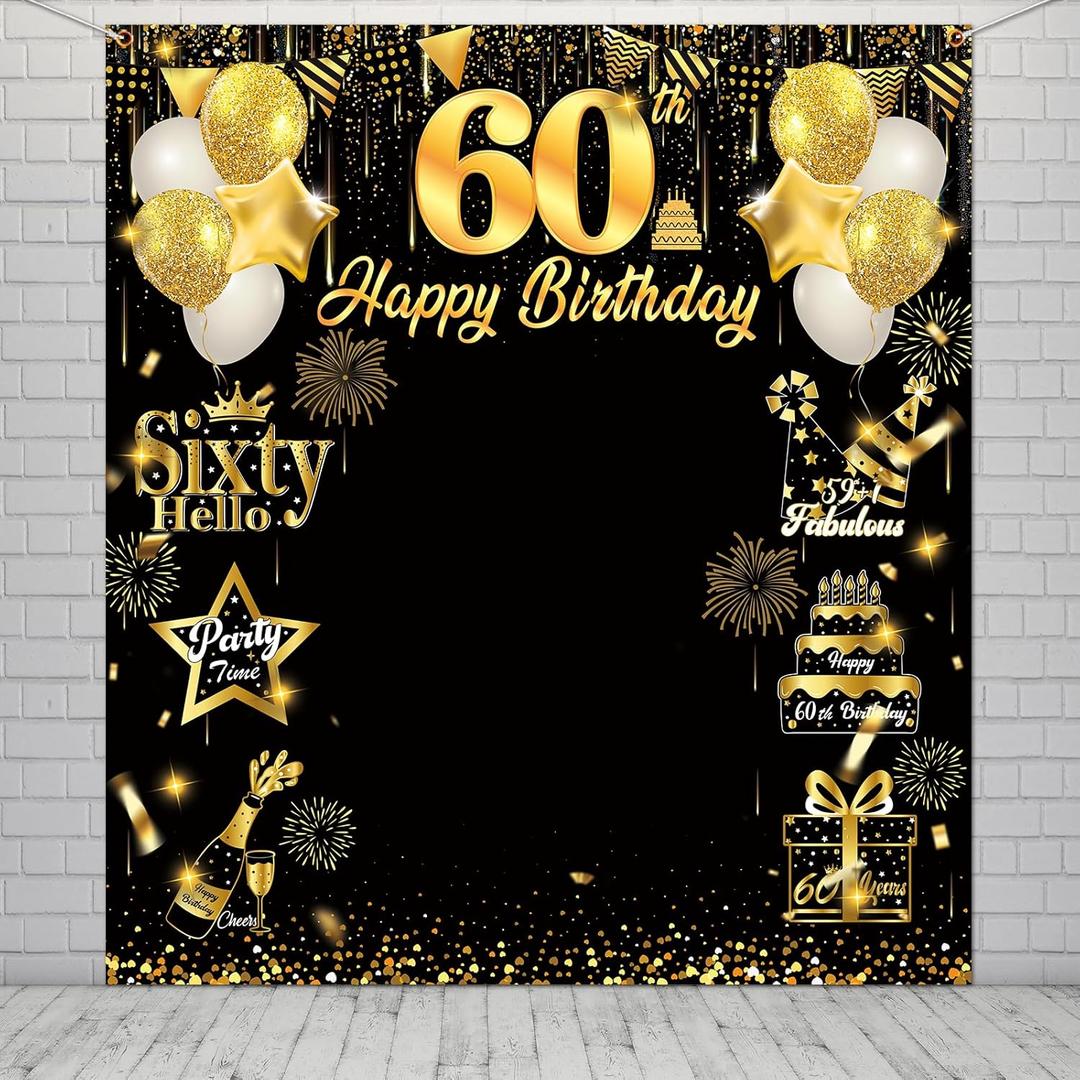 60th Birthday Decorations Banner, Large 60th Birthday Backdrop for Photo Booth Props, Black and Gold Photo Backdrop for Men Women Outdoor Indoor