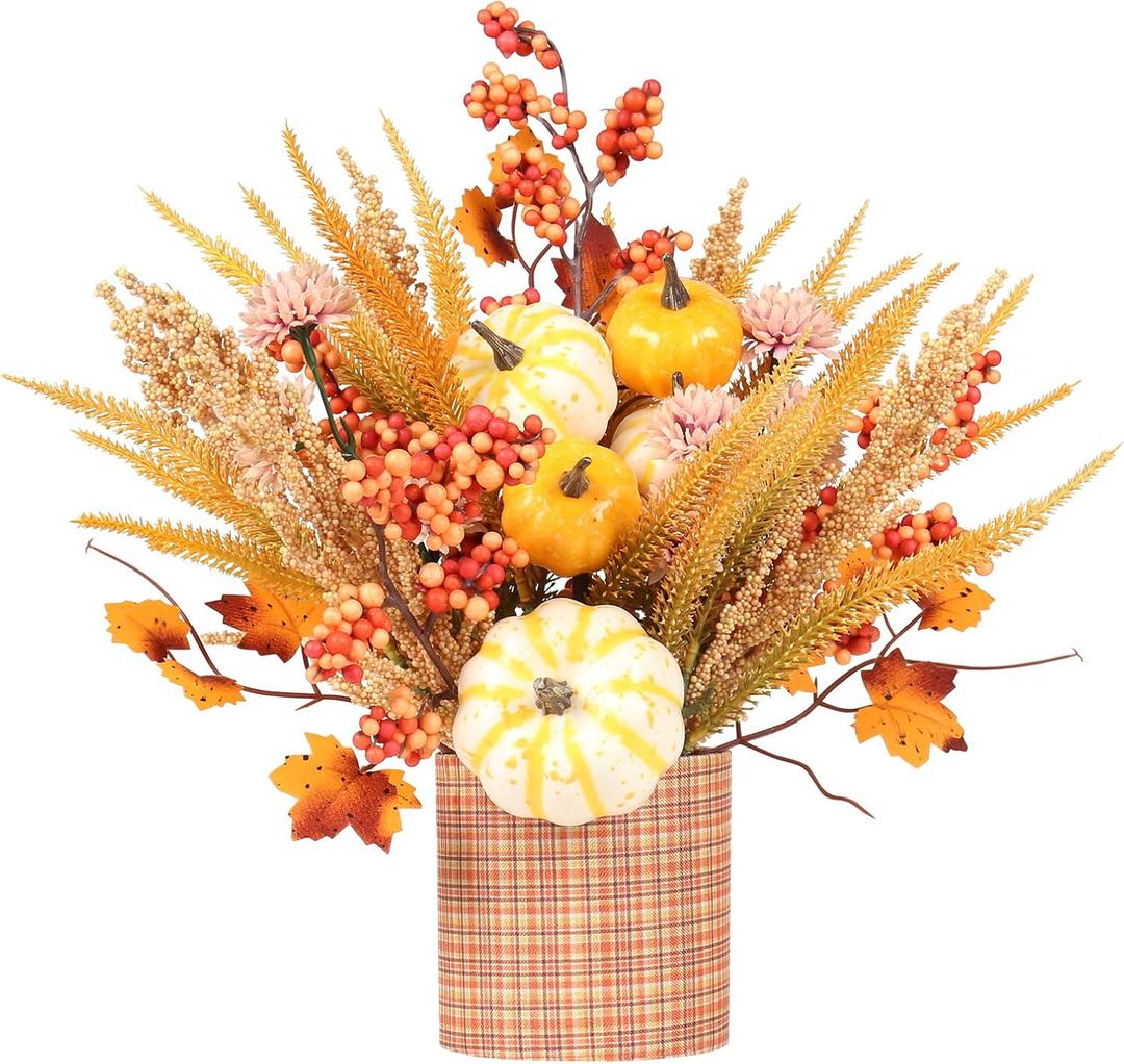 SY Super Bang Fall Decor, 12" Artificial Yellow/White Pumpkin Berry Maple Tree Table Decorations, for Autumn Halloween Thanksgiving Home Farmhouse Harvest Holiday Party Centerpieces Decor.