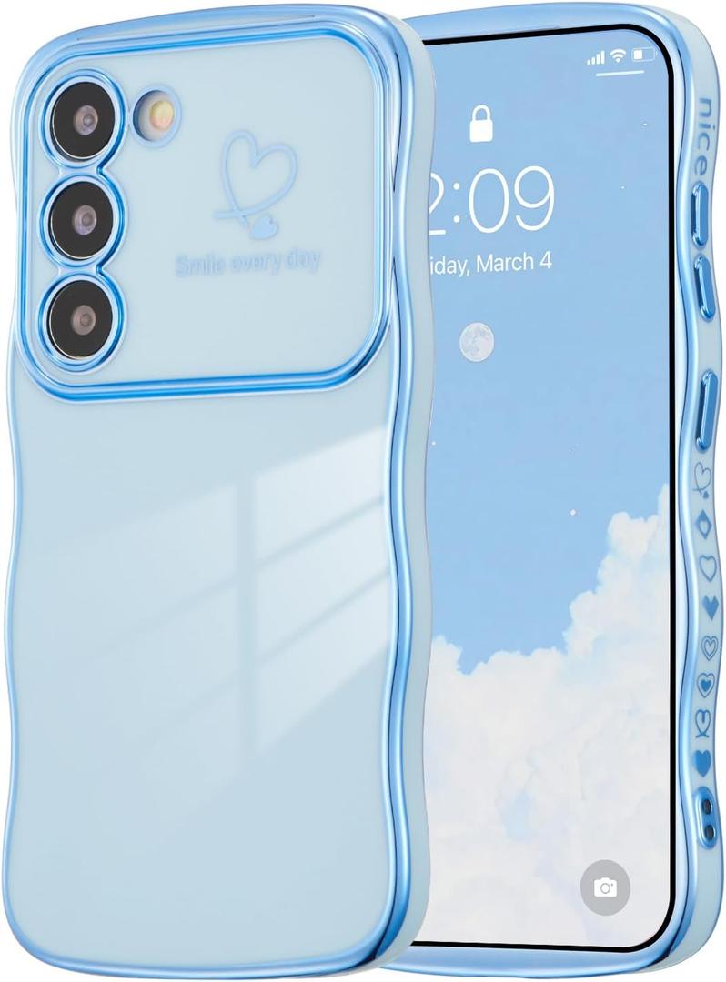 ZTOFERA for Samsung Galaxy S23 5G Case 6.1 inch,Cute Curly Wave Frame Case with Love Heart Pattern,Luxury Plating Edge Full Camera Protection Shockproof Phone Case for Women Girls-Blue