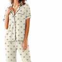 Women Pajamas Set Notch Collar Soft Sleepwear PJs Short Sleeve Button Down Nightwear with Long Pants S