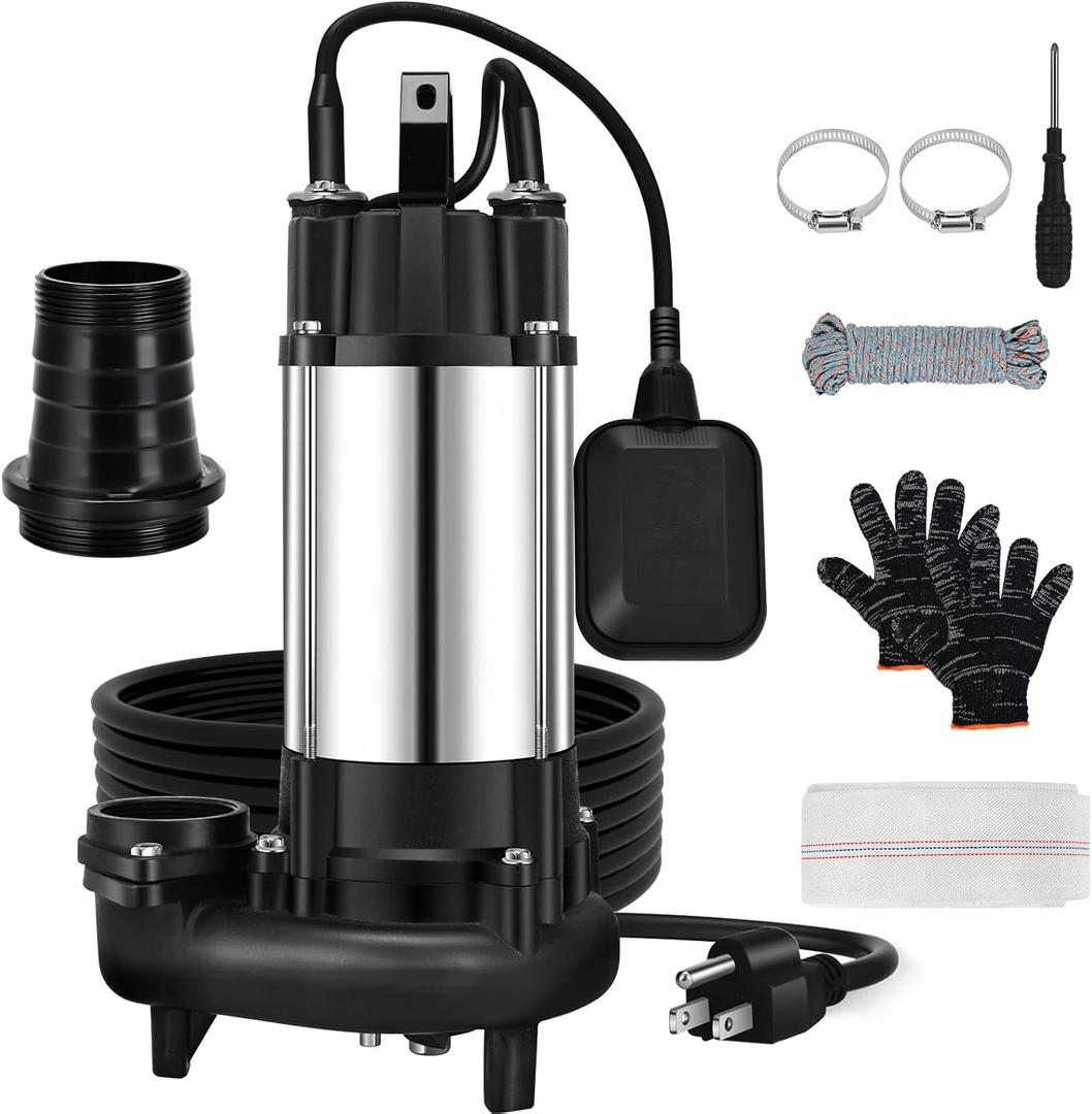 1HP Sewage Sump Pump, 110v 6400GPH Sewage Grinder Pump, Stainless Steel, Automatic Float Switch, Cast Iron Impeller, 2'' Npt Discharge, Submersible Sewage Pump for Basement, Sump Basin, Residential