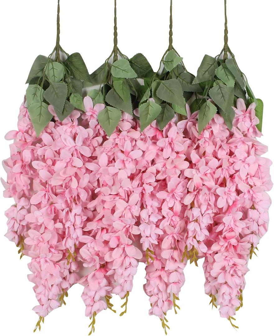 Duovlo Silk Wisteria Flower Artificial 2.13 Feet Hanging Wisteria Vine Fake Flower Bush String Home Party Wedding Decoration,Pack of 4 (Pink)
