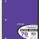 Top Flight Standards 1-Subject Wirebound Notebook, 70 Sheets, Wide Rule, 10.5 x 8 Inches, 1 Notebook, Purple Cover (30080)