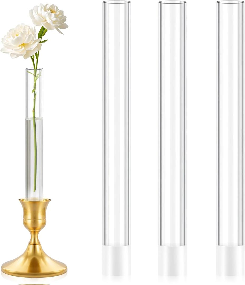3 Pack 7.9 Acrylic Bud Vase  Cylinder Bud Vase for Taper Candlesticks, Flower Vase with Silicon Rubber Case Fits Candlestick Size 20-22mm, Perfect for Tablescapes, Weddings & Home Decor