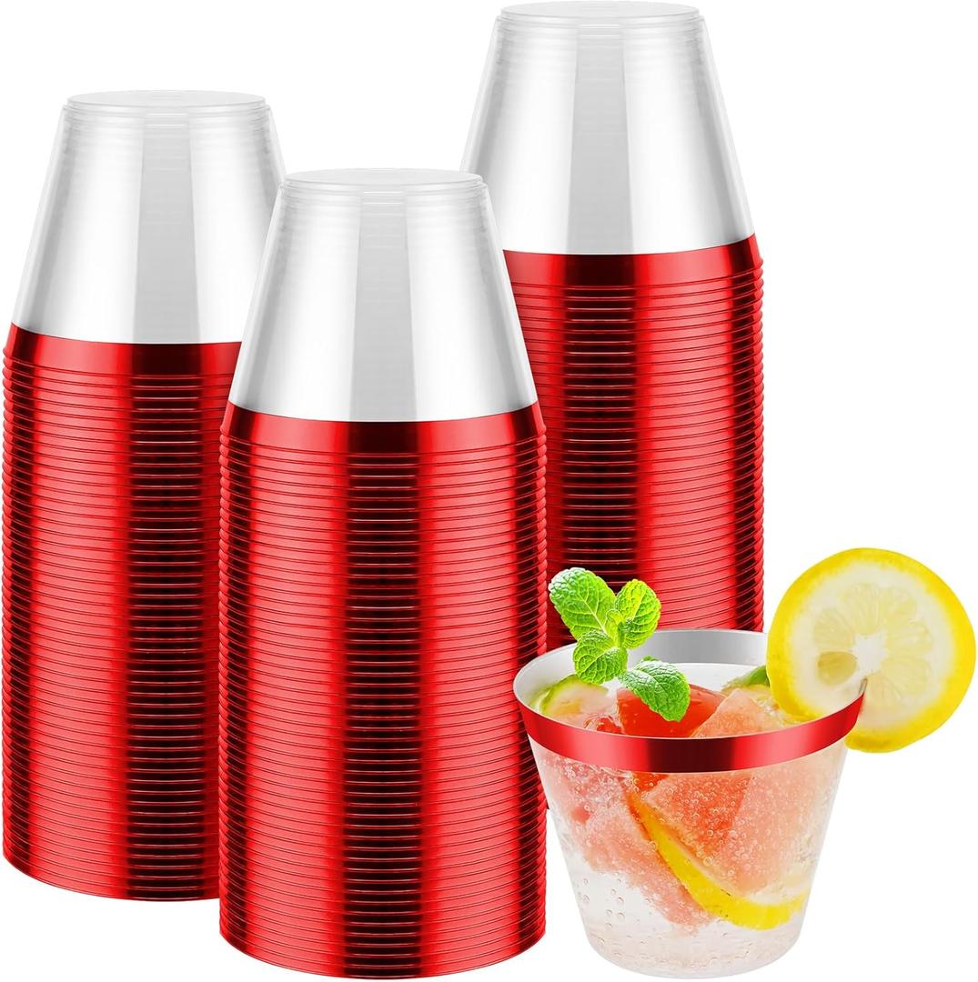 9oz Plastic Cups, 100pcs Elegant Red and Clear Plastic Cups, Red Rimmed Disposable Cocktail Glasses Fancy Disposable Cup Drinking Tumblers 9oz Cup for Wedding Party