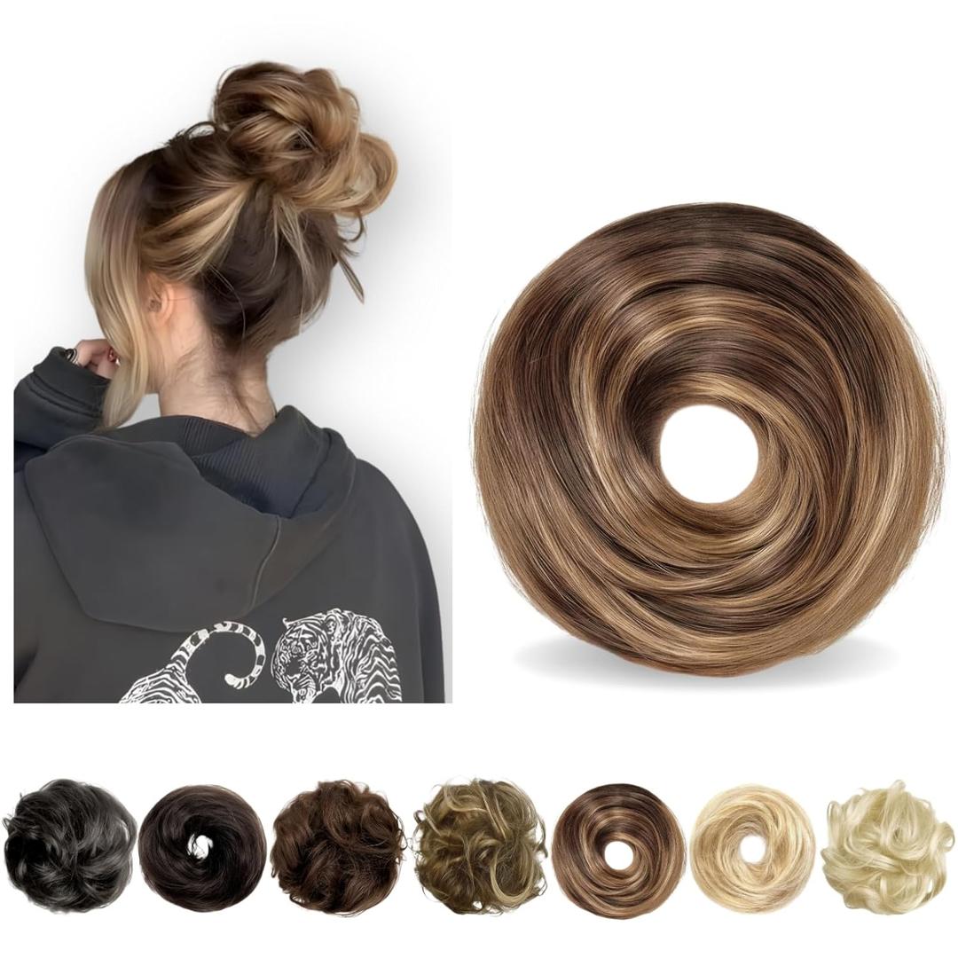 Messy Bun Hair Piece Human Hair, Human Hair Bun, Messy Bun Scrunchie Updo Hairpieces Donut, Real Hair Bun Wig, Hairpiece for Women Medium Brown Mixed Honey Blonde (5 Inch)
