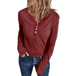 Acelitt Womens Plus Size Long Sleeve T-Shirts 2024 Fall Fashion Trendy Waffle Knit Henley Shirt Casual Loose Basic Tees Crewneck Pullover Tops Blouses Red XX-Large
