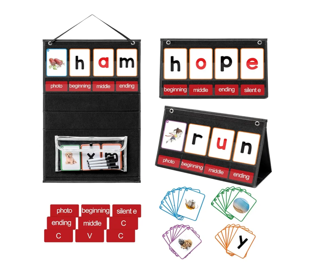 CVC Word Builder Desktop Pocket Chart with 107 Cards, Kids Word Builder Games for CVC CVCC CCVC Learning Reading Spelling Early Education Tool for Preschool Kindergarten Classroom.