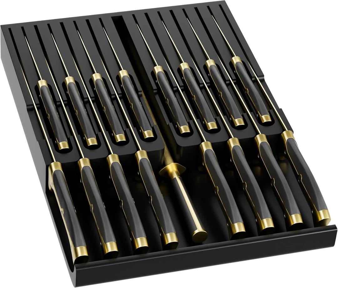 Domax Bamboo In-drawer Knife Block - Knife Drawer Organizer Insert Large Handle Steak Knife Holder, Kitchen Drawer Knife Organizer Fits for 16 knives and 1 Sharpening Steel (Not Included), Black