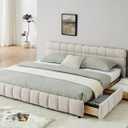 KEIKI King Thick Chenille Bed Frame with 4 Storage Drawer & Upholstered Tufted Headboard, Modern Solid Wood Floor Platform for Bedroom, No Box Spring Needed (Beige)