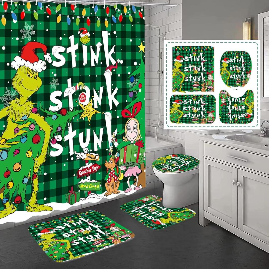 4 Pcs Christmas Shower Curtain Sets with Non-Slip Rugs, Toilet Lid Cover and Non-Slip U Shape Bath Mat, Christmas Bathroom Decor with 12 Hooks Xmas Holiday Home Decor(Green)