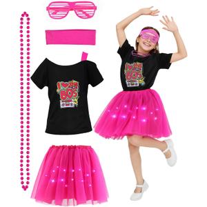 Girls Light-Up 80s Costume Set for Kids - Christmas Dress-Up, Holiday Party Decades Day Rock Star Outfit (Small, Pink)