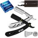 Straight Razors For Men 100 GTEX Barber Razor Blades - 2 Professional Single Blade Razors for Men Navajas Para Barbero Straight Edge Razor Barber Beard Razor Shavette Shaving Razor Kit (Silver and Black)