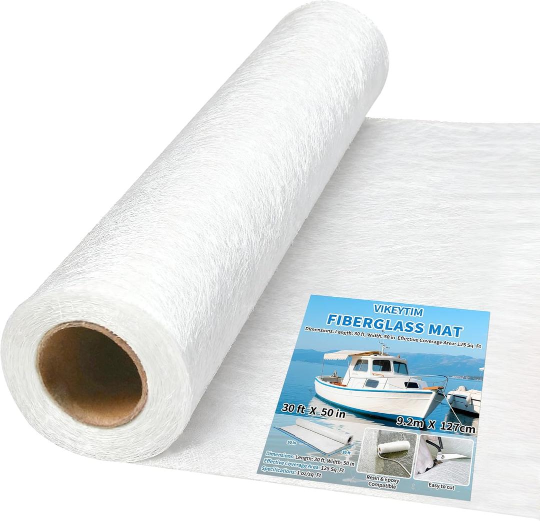 Fiberglass Mat 50 in x 30 ft, 125 Sq. Ft Fiberglass Chopped Strand Mat Resin & Epoxy Compatible, Boat Marine Roofing Repair Fiber Glasses Sheet Roll Package 1 oz/1 Sq. Ft